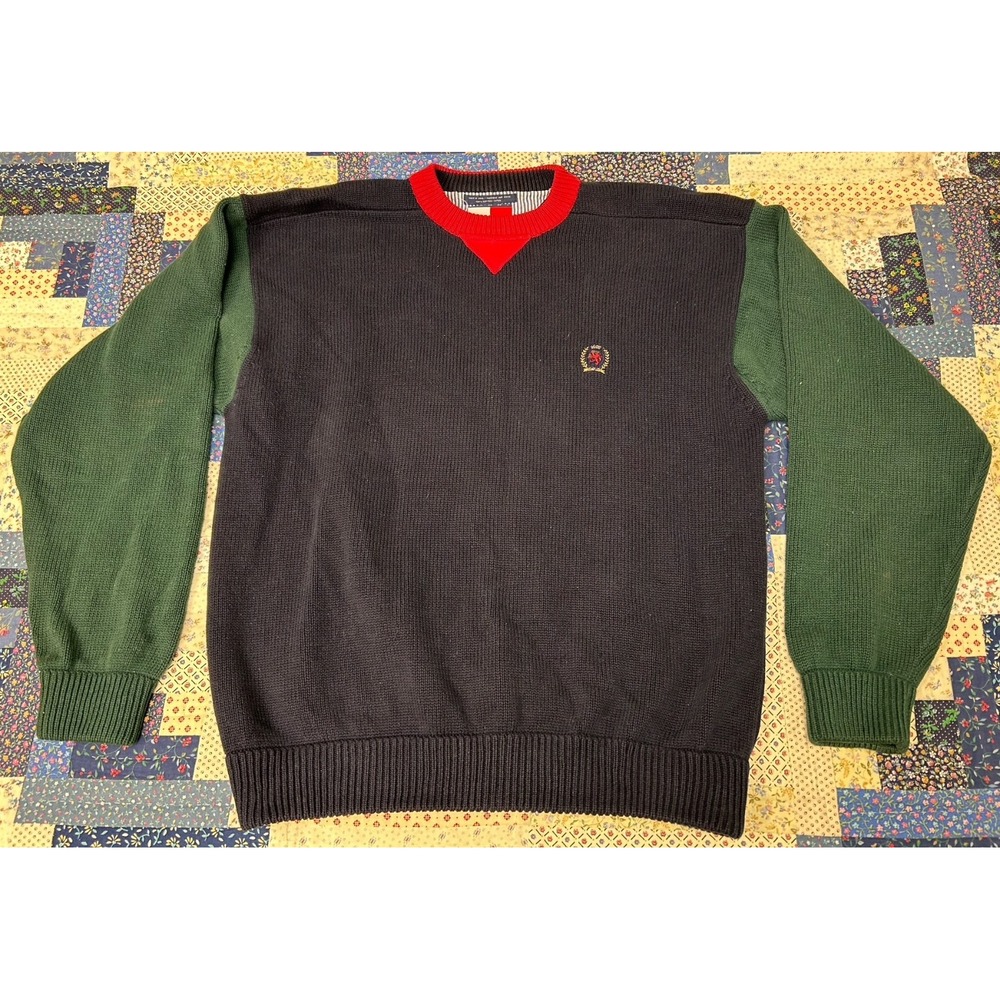 Tommy Hilfiger Two Toned heavy knit sweater 100% cotton Sz L 2 Navy Green